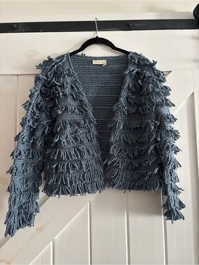 Tejido Fringe Knit Open-Front Sweater Cardigan - Blue